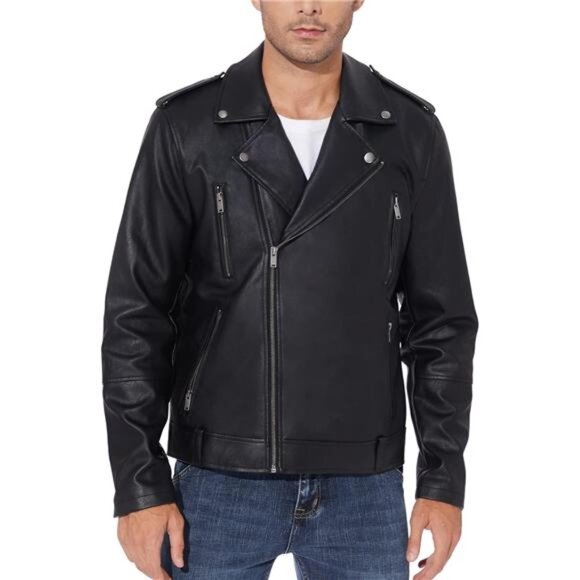 Mens Faux Leather Jacket Black Bomber Motorcycle Slim Fit Zip Up Biker Coat - Picture 3 of 8